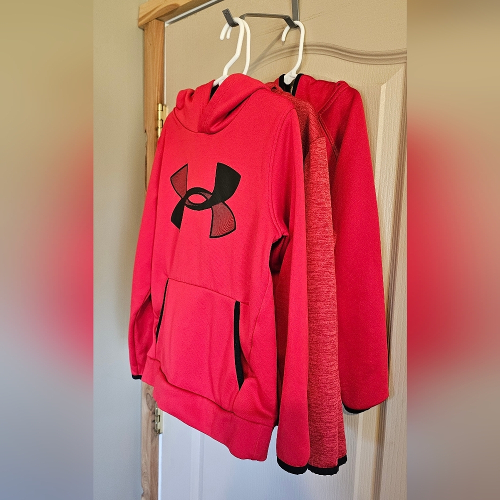 LOT of 3 Red Under Armour Hoodies YSM & 6 One Pullover & 2 Zip Ups Stain On 3rd
